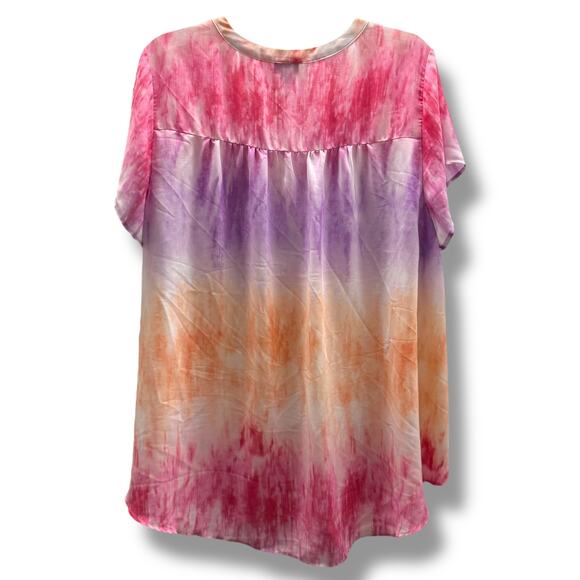 Torrid Women's Blouse 2 2X Pink Purple Orange Ombre Tie Dye Georgette Camp Shirt - Picture 4 of 6